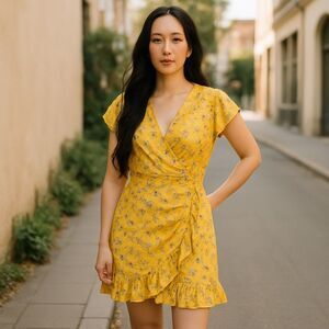 Lea & Viola Floral Wrap Dress sz Small Yellow